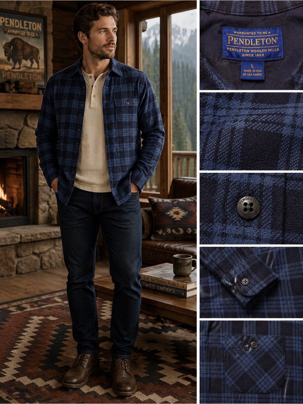Pendleton Lodge Shirt Men’s Large Blue Plaid Wool Flannel Button Down